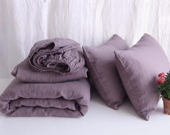 Linen Sheet Set in grape color. fitted sheet,flat sheet, 2 pillowcase. 100% French flax linen bedding set. Queen king full twin Custom Size