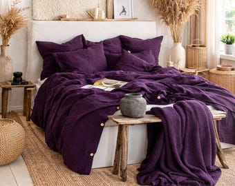 Linen Duvet Cover in Purple. King, Queen, Twin, Full, Double, Single sizes. Dark Puple Natural Linen Duvet Cover