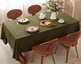 Olive Green Linen Tablecloth, Rustic Farmhouse Table Cover, Washed Linen Dining Table Cloth, Rectangle Linen Tablecloth.