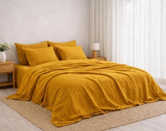 Parure de lit en lin jaune foncé. Ensemble 3 pièces, très grand lit, grand lit, lit simple, tailles différentes et toutes les tailles, housse de couette, deux taies d'oreiller et housse de couette