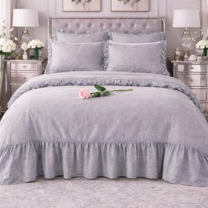 Silver Gray Ruffle Duvet Cover Set, With Soft Washed Linen Bedding, Boho Handmade Ruffle Comforter Cover And Two Pillowcases Set