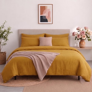 Capa de edredom em linho lavado amarelo mostarda, conjunto de cama boho, capa para edredom
