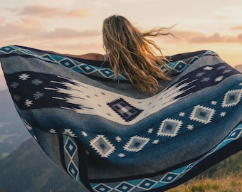 The Tahoe Indigo Alpaca Blend Blanket - Boho Throw Geometric Queen Size Home Decor Pattern