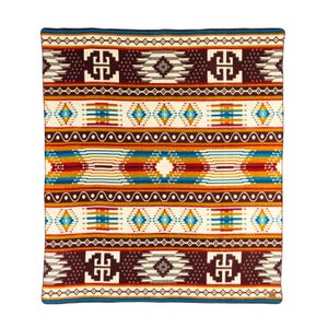 May include: A rectangular blanket with a Southwestern design. The blanket features a cream background with horizontal bands of geometric patterns in brown, red, orange, blue, and turquoise. The edges are trimmed with a dark blue border.