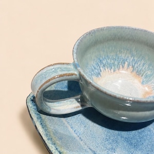 Handmade Stoneware Cup and Plate Set, Blue Ceramic Coffee Cup, Pottery Breakfast Set, Organic Serving Plate