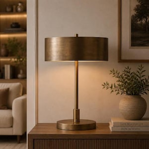 Axis Solid Brass Table Lamp | Minimalist Desk Lamp | Modern Metal Drum Shade | Mid Century Modern Bedside Light | Luxury Office Lighting