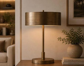 Axis Solid Brass Table Lamp | Minimalist Desk Lamp | Modern Metal Drum Shade | Mid Century Modern Bedside Light | Luxury Office Lighting