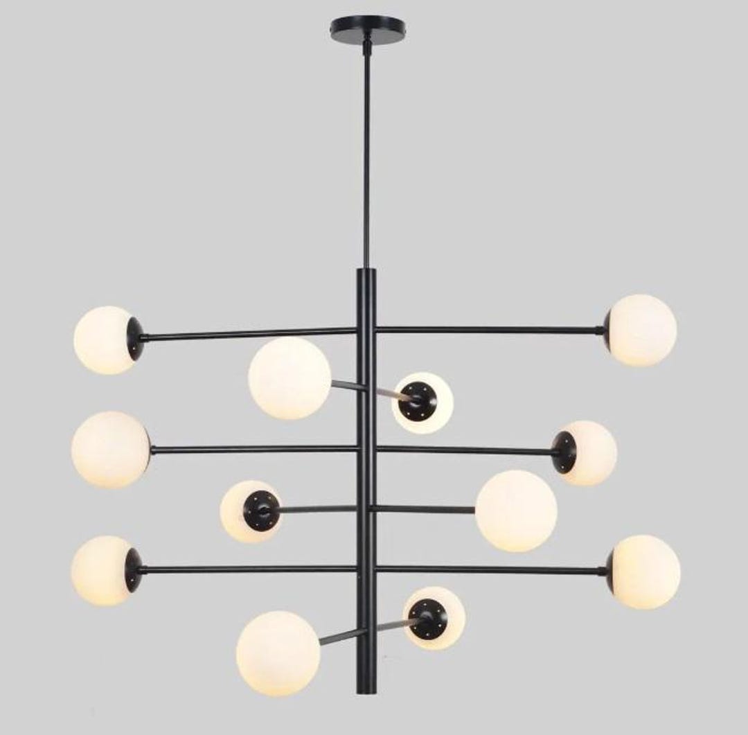 Modern Black Sputnik Chandelier, Opal Glass Globes, Mid Century Ceiling ...