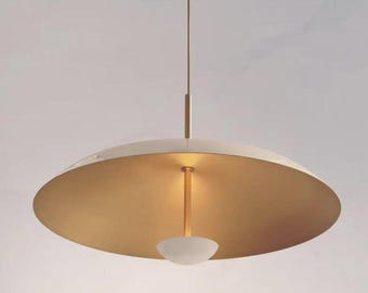 Mid Century Modern Brass Dome Pendant Light, White Ceiling Lamp Fixture