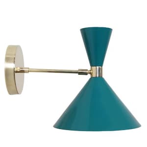 May include: Teal wall sconce with a conical shade and a brass arm and wall mount. The sconce has a mid-century modern design. The shade is approximately 20 cm in diameter. The design is sleek and minimalist.
