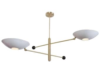 Mid-Century Modern Brass Counterbalance Chandelier | White Disc Shade Italian Style Pendant