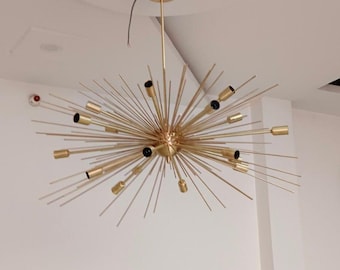 Gold Starburst Sputnik Chandelier – Mid-Century Modern Brass Ceiling Light, Atomic Sunburst Statement Fixture