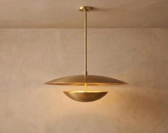 Eclipse Brass Pendant Light • Mid Century Modern Floating Dome Double Shade Chandelier Room Chandeliers Lights