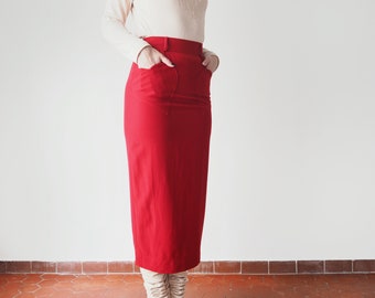 Vintage Moschino Skirt with Heart Shaped Pockets • 90s Cheap and Chic Red Wool Midi Pencil Skirt