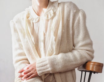 Vintage Cream White Knit Cardigan • Off White Small Balls Dots Cardigan