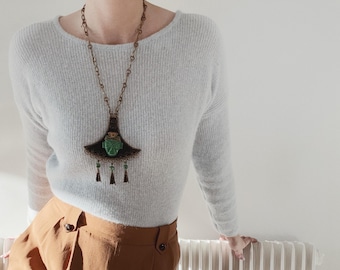 Vintage Mexican Jade Statement Necklace • Aztec Carved Pendant on Brass Cooper Chain