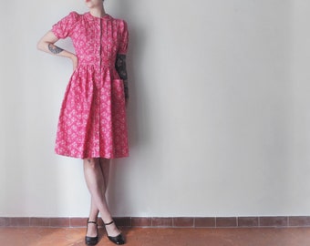 Vintage Pink Cacharel Dress with White Butterfly & Dots Print • Early 80s Cacharel Button Down Mini Dress