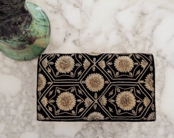 Vintage 70s Zardozi Clutch • Black Velvet Clutch with Golden Metal Floral Embroidery