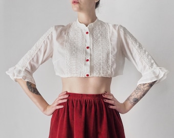 Vintage Austrian Blouse with Guipure and Lace • White Dirndl Crop Top with Red Velvet Buttons