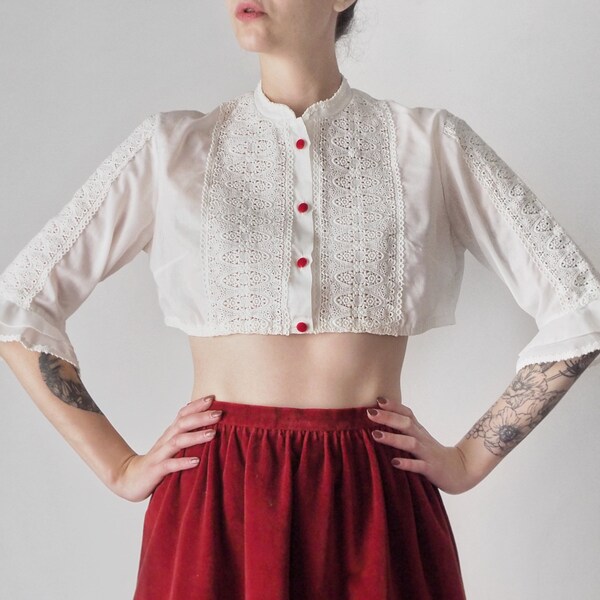 Vintage Austrian Blouse with Guipure and Lace • White Dirndl Crop Top with Red Velvet Buttons