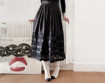 Vintage Black Linen Midi Skirt with Guipure Lace • High Waist Folklore Linen Skirt with Lace Inserts
