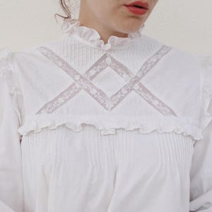 Vintage 70s White Cotton Blouse • Victorian-Inspired Sheer Embroidered Blouse with High Neck and Bishop Sleeves