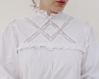 Vintage 70s White Cotton Blouse • Victorian-Inspired Sheer Embroidered Blouse with High Neck and Bishop Sleeves