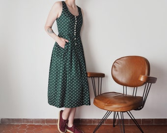 Vintage Forest Green Folklore Dress • Tyrolean Dark Green Floral Midi Dress