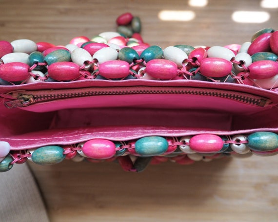 Vintage Colored Wood Beads Purse • Pink, Green & … - image 10