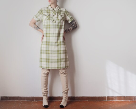 Vintage 60s Almond Green Plaid Mod Dress • 1960s … - image 2