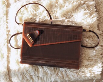 Vintage 70s Brown Lucite Bag • Italian Chocolate Plexiglass Clutch