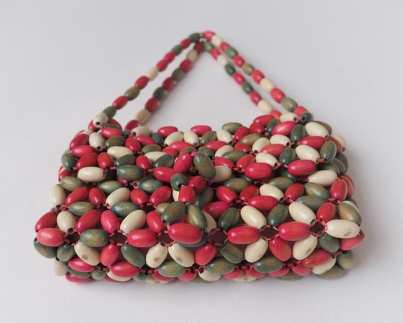 Vintage Colored Wood Beads Purse • Pink, Green & … - image 6