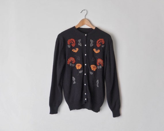 1970s Black Embroidered Cardigan • Floral Embroide
