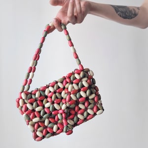 Vintage Colored Wood Beads Purse • Pink, Green & Cream Beaded Handbag