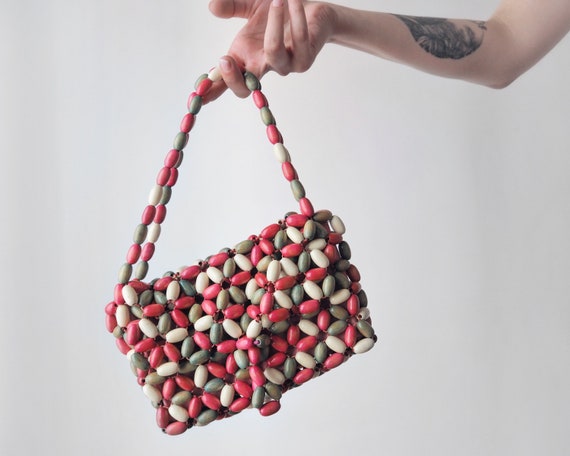 Vintage Colored Wood Beads Purse • Pink, Green & … - image 1