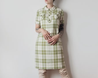 Vintage 60s Almond Green Plaid Mod Dress • 1960s Green & Cream Check Wool Mini Dress with Peter Pan Collar