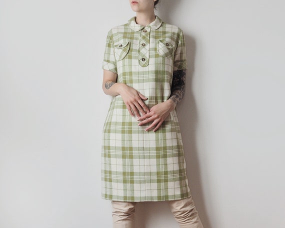 Vintage 60s Almond Green Plaid Mod Dress • 1960s … - image 1
