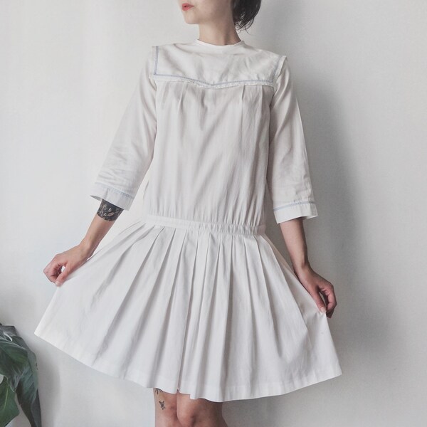 1980s Cacharel White Cotton Dress • Vintage Cacharel Dress with Sailor Collar & Pleated Skirt