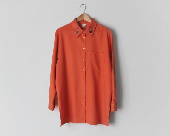 1990s Oversized Orange Blouse • Embroidered Collar