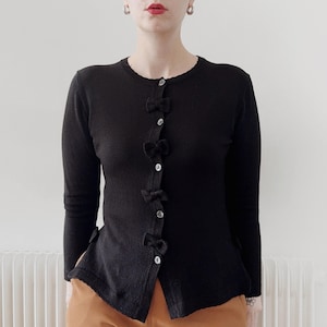 Vintage Black Cardigan with Bows • 90s Wool Knit Cardigan with Scalloped Edges