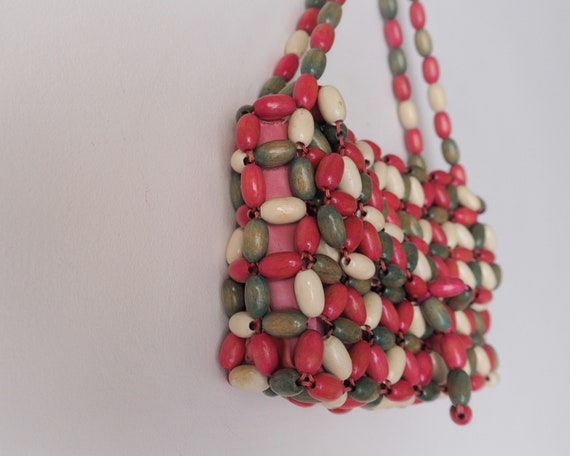Vintage Colored Wood Beads Purse • Pink, Green & … - image 7