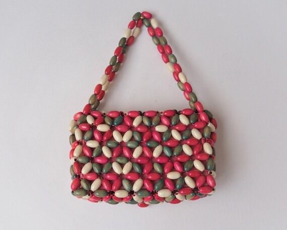 Vintage Colored Wood Beads Purse • Pink, Green & … - image 5