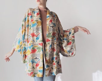 Vintage 70s Novelty Print Haori • Vintage Short Kimono With Houses and Trees Print