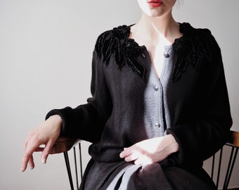 Vintage 80s Black Cardigan with Velvet Flowers • Wool Knit Cardigan with Velvet Ornaments