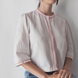 French Antique White Cotton Blouse with Red Embroidery • Belle Époque Brushed Cotton Blouse