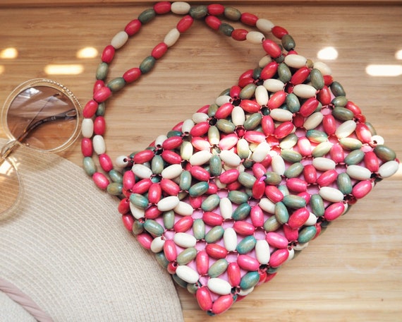 Vintage Colored Wood Beads Purse • Pink, Green & … - image 3