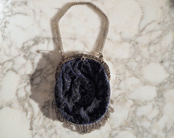 Antique Beads & Blue Velvet Purse • Victorian Deep Blue Velvet Purse