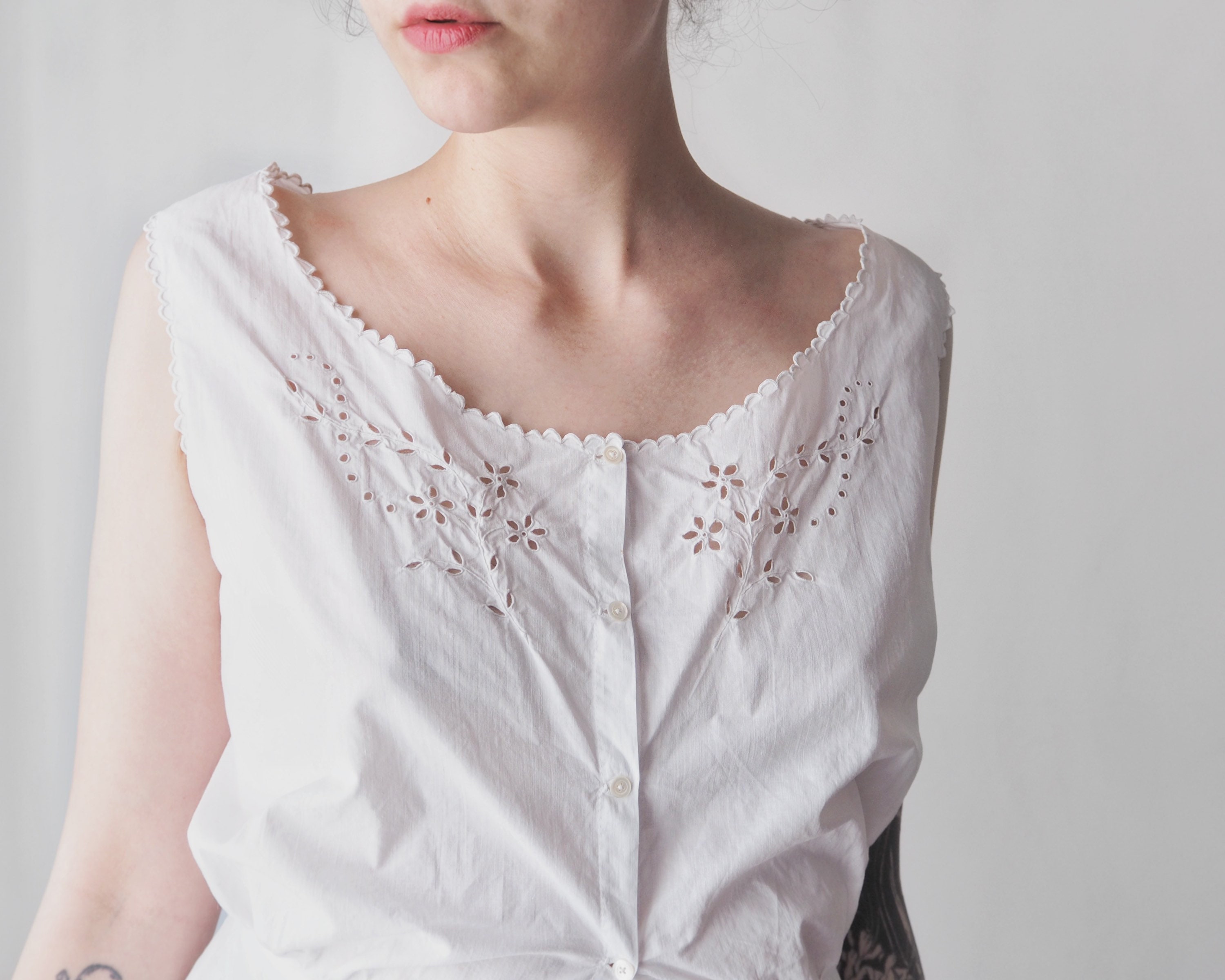 Antique French Cotton Sleeveless Blouse • Belle Epoque White Cotton Corset Cover Top