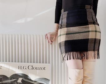 Vintage Valentino Plaid Mini Skirt with Fringe Hem • 80s 90s Oliver Plaid Wool High-Waist Skirt