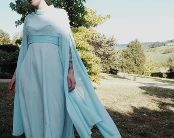 Vintage Goddess Dress with Statement Sleeves • 70s Light Blue Sheer Party Dress